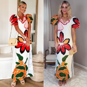 By Anthropologie puff sleeve a line maxi dress